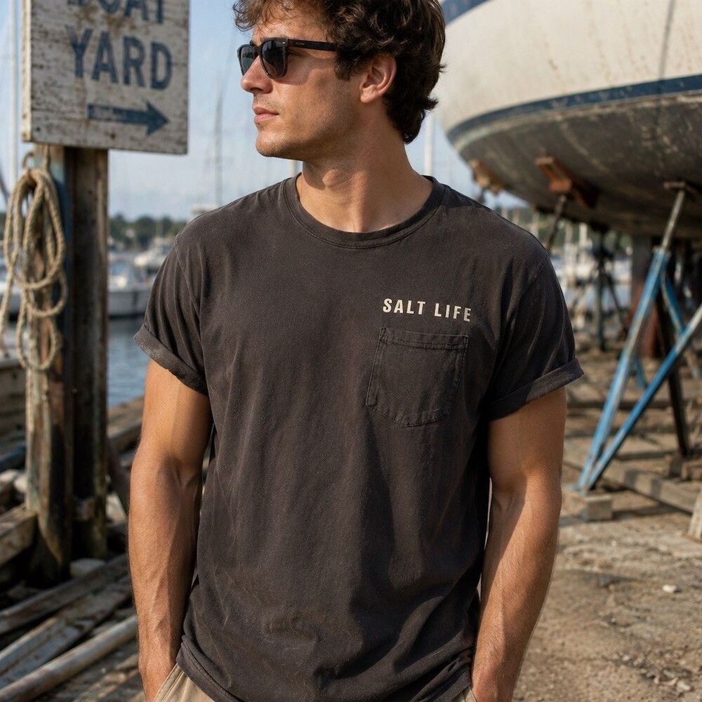 Salt Life Live Salty Pocket T-Shirt Unisex Large Black Short Sleeve Graphic Tee